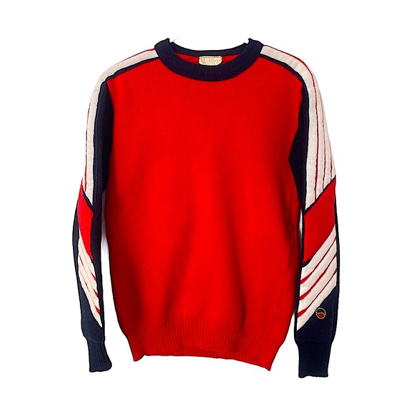 Vintage Sweaters - Vtg 80s Quilted Crew Neck Sweater Red White Blue M